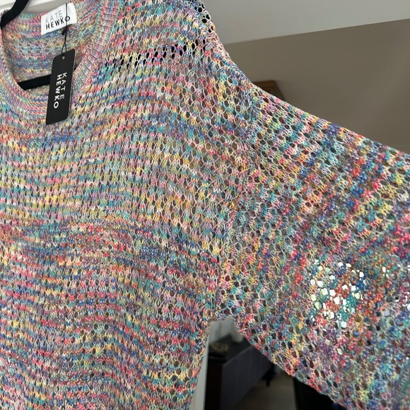 NWT KATE HEWKO Multicolour Crochet Sheer Tee with Side Slits- One Size Fits Most - Picture 11 of 16